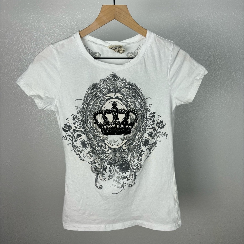 Y2K Nor Cal Crown Wings Rhinestone T Shirt Punk Grunge Double Sided Size Medium
